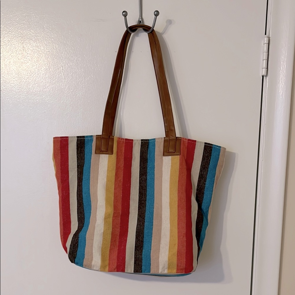 Colorful Striped Woven Tote Bag with faux leather straps
